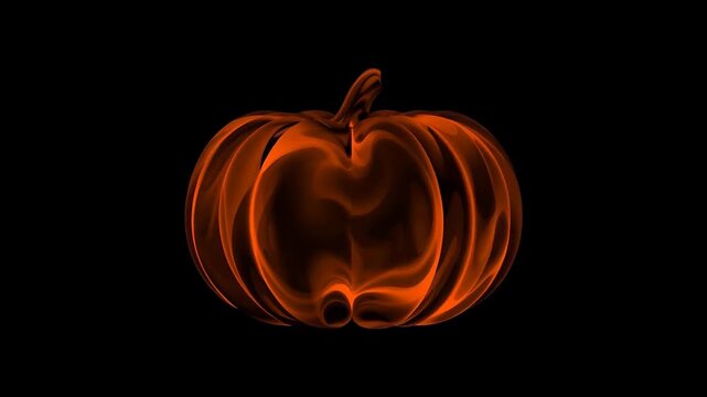 Glowing orange wireframe pumpkin with curved ridges and a twisted stem isolated against a black background