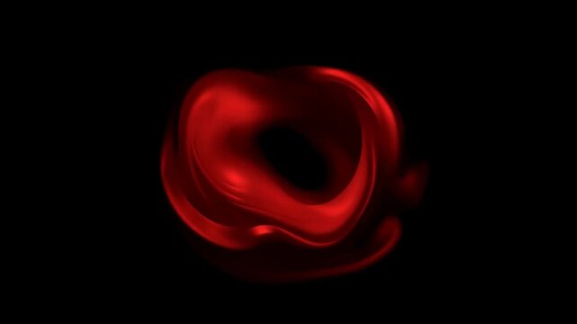 Abstract glowing red torus with smooth swirling contours isolated against a deep black background, creating a mysterious futuristic atmosphere