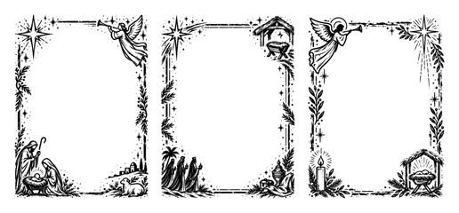 Obraz premium Nativity scene Christmas border frames set with Holy Family angel and Three Wise Men in vintage engraving style