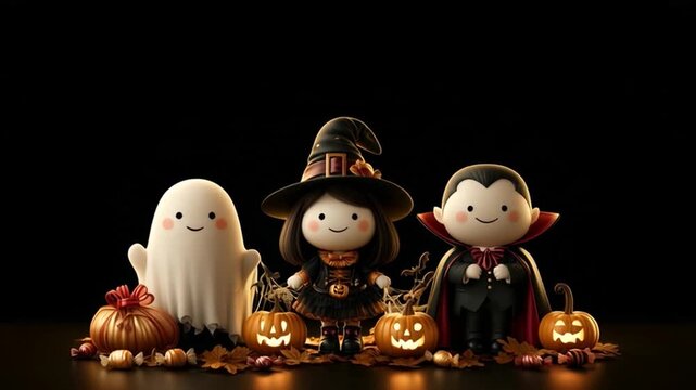 Happy Halloween family with cheerful smiles and a playful spooky atmosphere, cute and eerie cinematic style, with empty space for a custom message.