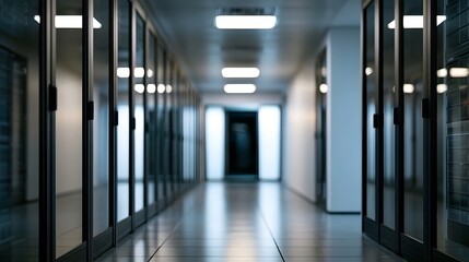 Fototapeta premium A long corridor lined with glass fronted server racks under bright ceiling lights creating a clean modern tech environment