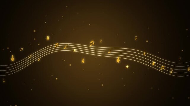 Golden musical notes on a wavy staff with glowing particles on dark background