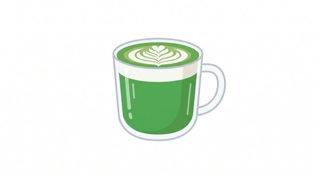 Matcha green tea latte vector icon glass mug foam latte art