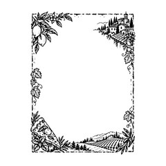 Obraz premium Tuscany Italy landscape border frame with pizza lemons vineyard and village in vintage engraving style