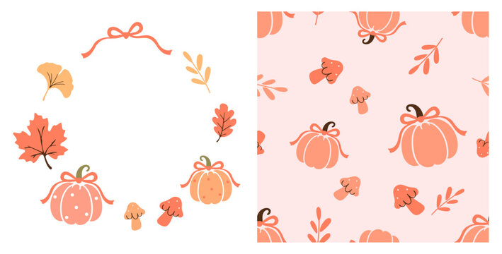 Seamless autumn pumpkin pattern featuring hand drawn pumpkins with ribbon bows, colorful fall leaves, tiny mushrooms and botanical branches on a soft pastel pink background in simple flat vector.
