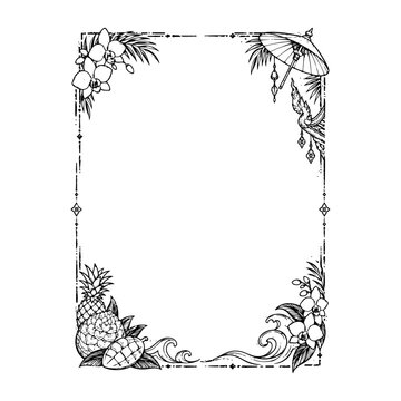 Tropical Asian border frame with pineapple mango orchids and traditional parasol in vintage engraving style