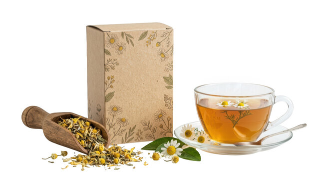 Chamomile tea box with loose herbs and a cup of tea isolated on transparent background