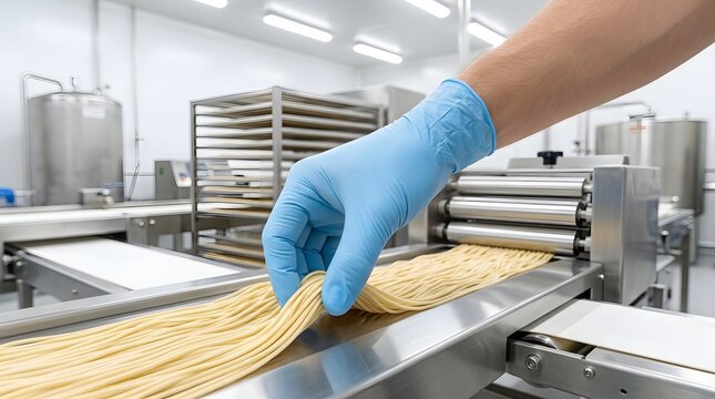Worker Handling Fresh Noodles on Production Line in Food Factory