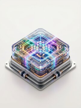 A glowing quantum computing core uses light paths and futuristic circuitry, representing advances in coherence and error correction, coherence, processor, hardware