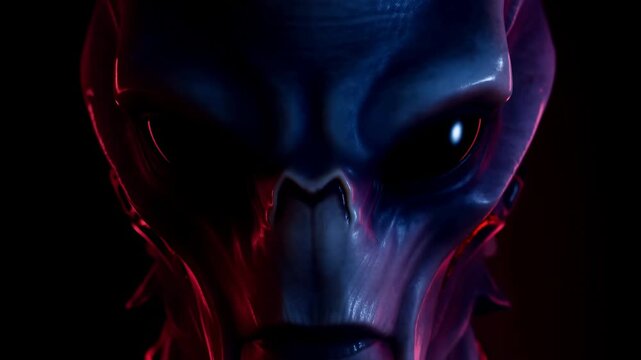 Alien humanoid face makes subtle movements in a dark setting with red and blue rim lighting. Science fiction film promotion, game character development, and horror entertainment.