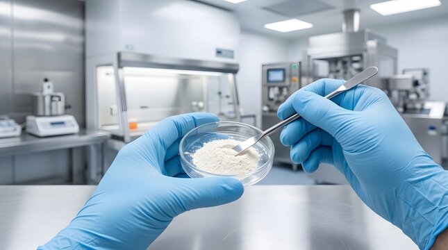 Scientist Sampling White Powder in Laboratory