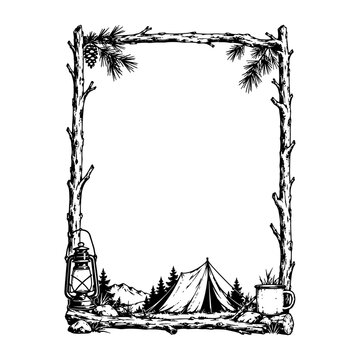 Wilderness camping border frame with tent lantern pine branches and camp mug in vintage engraving style