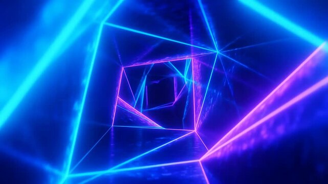 Neon geometric tunnel recedes through a dark digital space with glowing blue and purple lines. Technology presentations, digital title sequences, and event screen.