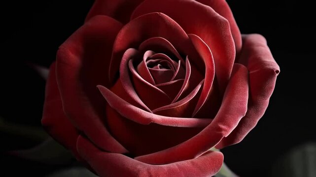Red rose blooming with gentle petal movement in a dramatic close-up against dark blurred foliage. Valentine advertising, wedding promotion, and anniversary greetings.