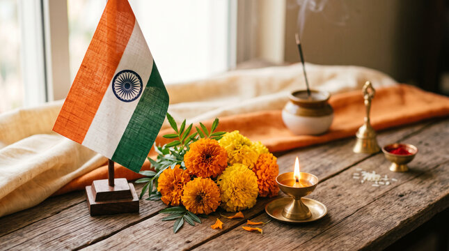 india republic day still life with flag and marigold flowers
