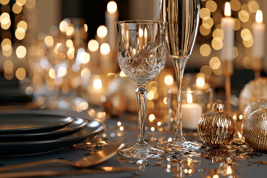 Golden lights twinkle softly behind crystal glassware. Dark plates and cutlery gleam beside elegant goblets. Candles cast warm, inviting glow across polished table