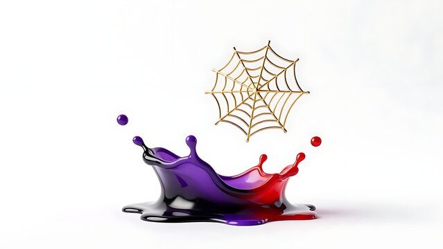 Minimalist 3D Halloween graphic asset featuring glossy deep purple and scarlet red liquid splash with single elegant golden wire spiderweb isolated on white background