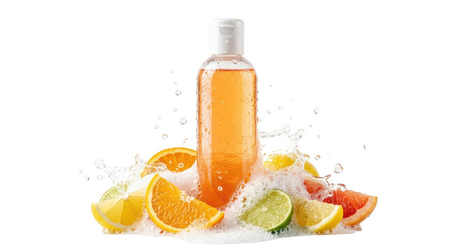 Bottle of orange citrus shower gel with fresh fruit isolated on transparent background