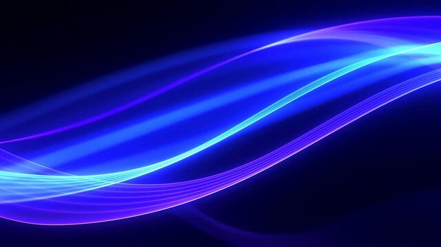 Glowing blue and purple wave lines sweep across a dark abstract background. Technology presentations, digital media design, and website headers.