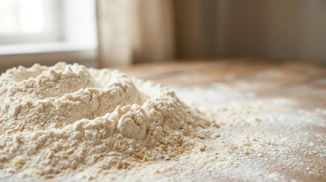 Wheat flour texture, bakery background for artisan bread branding, baking packaging, recipe editorial and food presentation, close-up, composition anchored left space on the right, ultra-fine flour