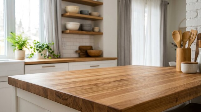 Wooden kitchen counter interior with rustic shelves and natural light