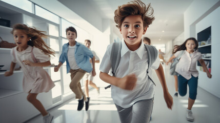 Fototapeta premium School kids running inside building. Group of happy children in a school hallway. Children are joyful and excited about going back to school.