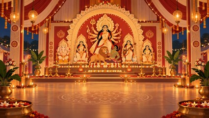 Fototapeta premium Main altar of a grand durga puja pavilion with decorative lighting