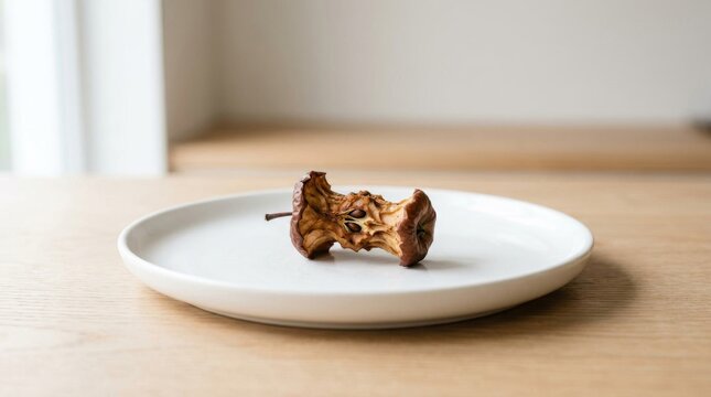 Rotten apple core resting on a white ceramic plate over wooden table