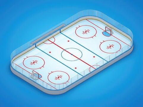 An isometric illustration of a professional ice hockey rink featuring goals, accurate line markings, face-off circles, and a clean ice surface, match, design element, icy