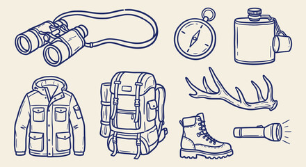 Outdoor hiking camping and hunting gear line art icon collection with backpack binoculars boot and jacket © Irfan