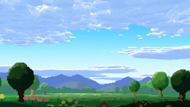 Pixel art countryside meadow with drifting clouds, flowering plants, trees, and distant mountains. Game environment design, animated for digital media.