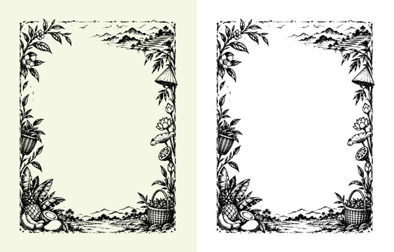 Asian tropical landscape border frame with terraced rice fields conical hat lotus and fruits in vintage engraving style