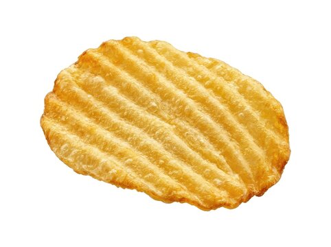 Crispy golden wavy potato chips isolated on white background, featuring realistic rippled texture, perfect for snack food concepts. Close-up view, object, wavy, party
