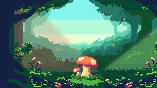 Pixel art forest clearing with a giant red mushroom and gentle foliage animation. Game environment design, storybook projects, and digital scene setting.