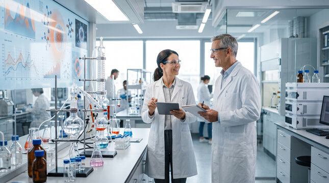 researchers collaborating in a modern laboratory with digital screen flasks and lab coats
