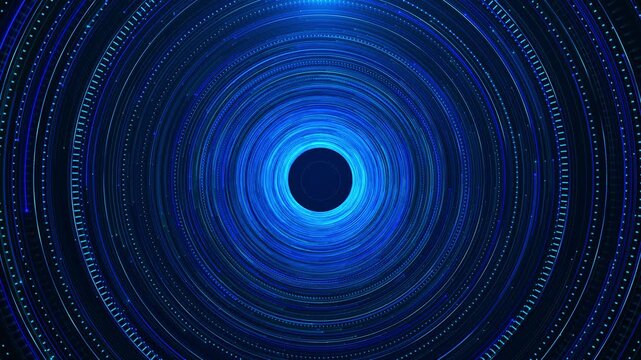 Glowing blue concentric rings center, futuristic HUD vortex. artificial intelligence, radar interfaces, cyber 19, digital portals science graphics, gaming, broadcast intros data visualization.