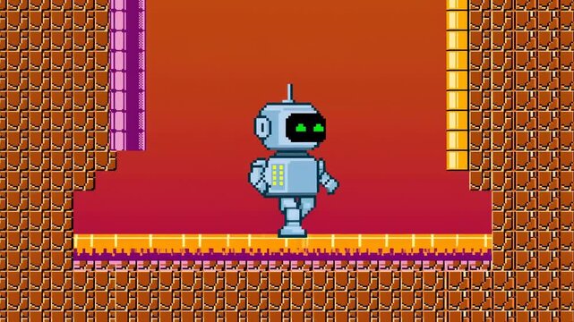 Pixel art robot walking through an enclosed side-scrolling platform game level. Game promotion, game development presentations, and gaming channel content.