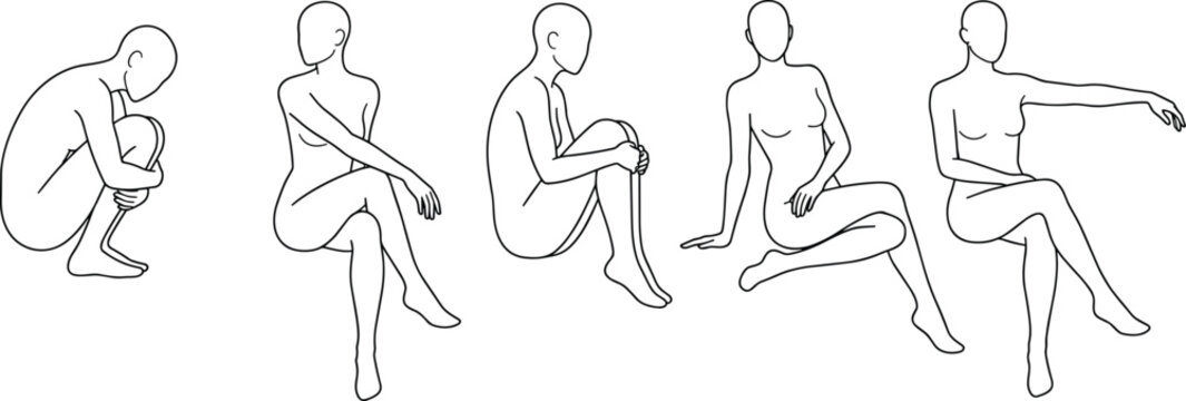 Human Body Pose Outline Set with Sitting and Crouching Mannequin Figures for Anatomy and Art Reference