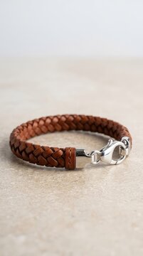 Elegante bracciale da uomo realizzato in pelle intrecciata marrone, con chiusura a moschettone in acciaio lucido, ideale per uno stile casual, bracciale, texture, semplice