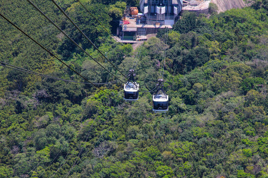Aerial view of the Sugarloaf Mountain cable car system gliding over the dense Atlantic Forest canopy in Rio de Janeiro, Rio de Janeiro, Brazil.