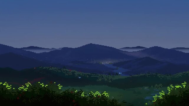 Pixel art mountain landscape transitions from daylight through twilight to a dark night sky. Game environment, nature-themed digital, and ambient relaxation media.
