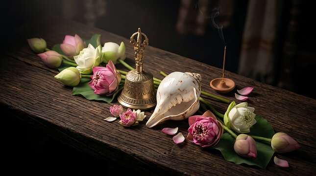Beautiful pink lotus flowers with a brass bell and conch shell on dark table