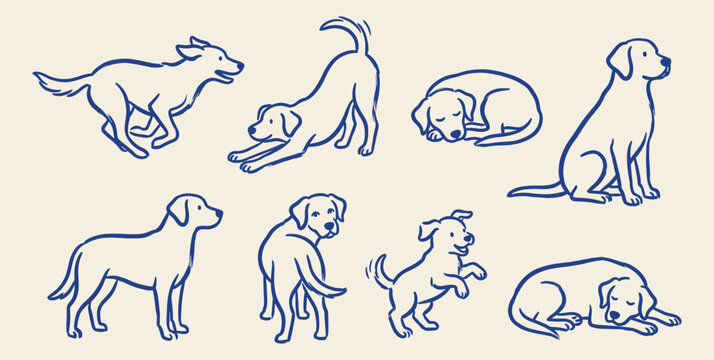 Hand drawn dog poses and puppy activities doodle icons set isolated on beige background