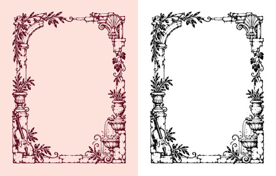 Italian baroque garden border frame with stone arch violin tiered fountain and grapevines in vintage engraving style