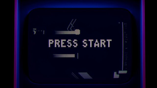 Retro game interface with animated press start prompt and neon arcade meters. Gaming channel intros, arcade game promotion, and retro entertainment projects.