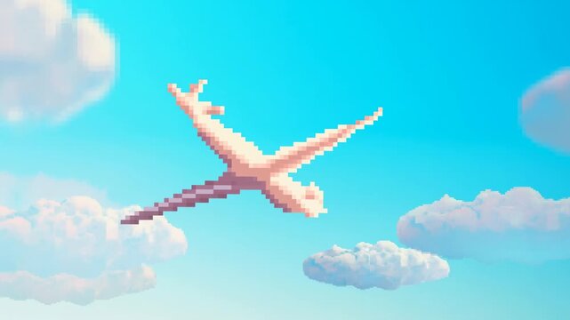 Pixel art airplane flying through a bright blue sky with soft clouds. Travel promotion, airline advertising, and aviation education.