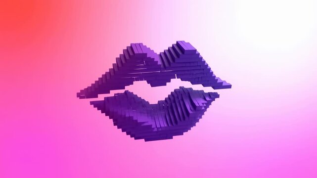 Purple voxel lips assemble and rotate in an abstract pink gradient space. Communication technology presentations, speech and voice interface design, and podcast or broadcast graphics.
