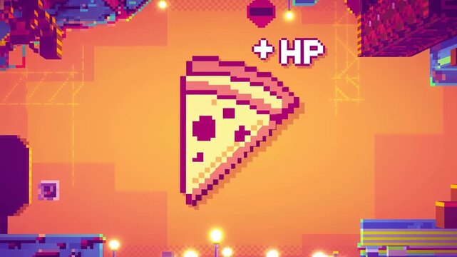 Pixel art pizza power-up appears in a colorful retro video game environment. Game promotion, game interface demonstrations, and arcade gaming content.