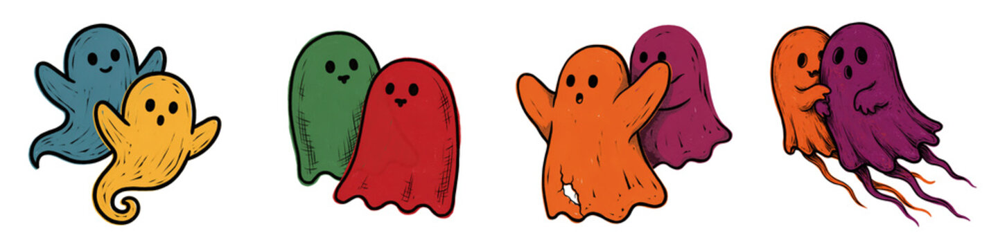 Colorful Halloween ghost pairs in cute retro cartoon style