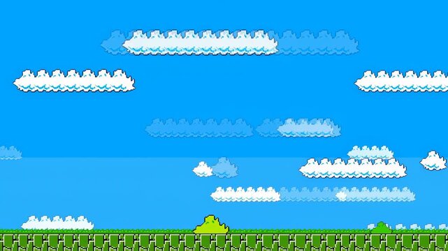 Pixel-art blue sky with layered white clouds and a green grassy horizon moving horizontally like a retro. Game development, gaming content, and retro-themed media.